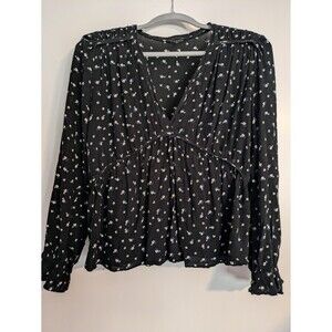 Lucky Brand Top Womens M Navy Blue Floral  Print V-Neck Long Sleeves Blouse